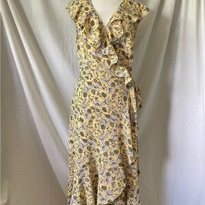 Yellow Asymmetrical Ruffled Wrap Dress